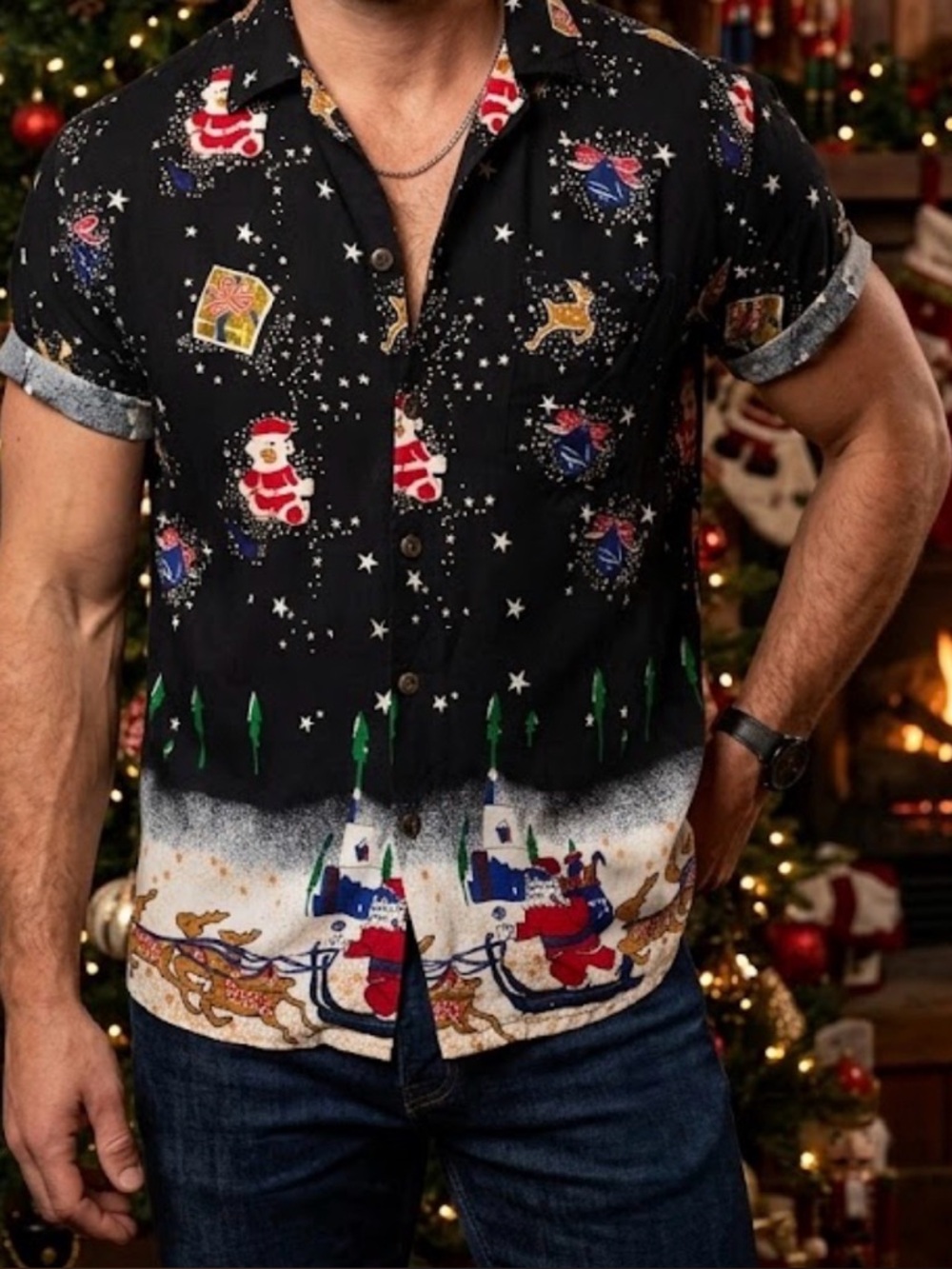 Holiday Editions Black Christmas Print Button-Up Shirt